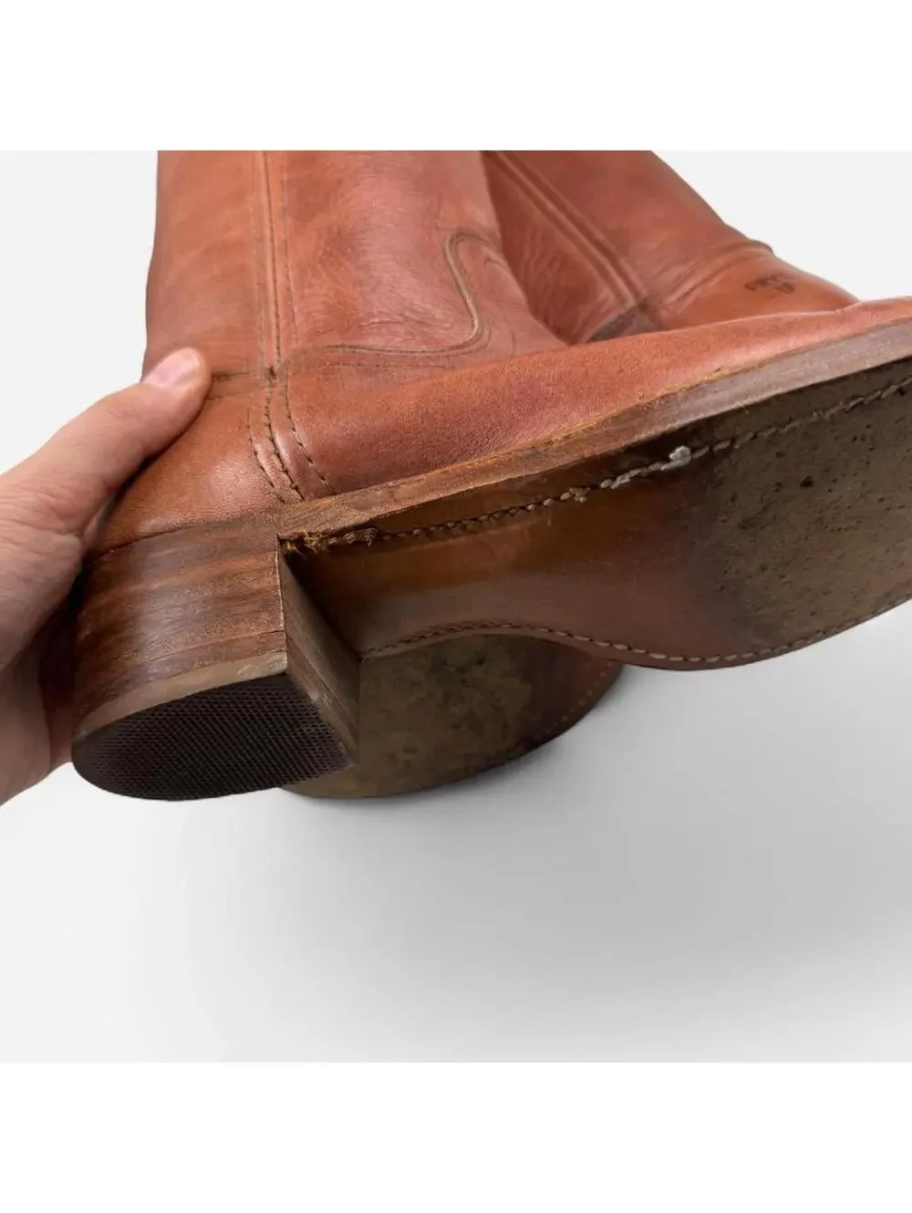 Frye 70s Campus Boots Tall Leather Stacked Heel in Cognac Brown
